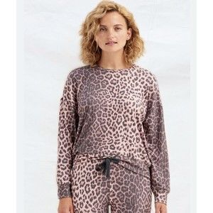 Sundry Animal Print Sweater Purple Gray Leopard Print Crew Neck Long Sleeve